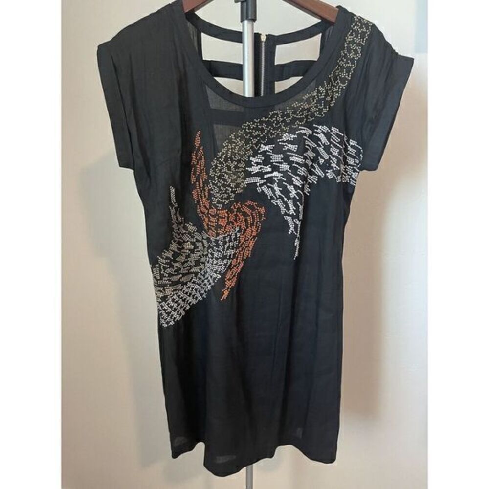 Poema Embroidered Black Dress Semi Sheer Cap Sleeve SIZE M